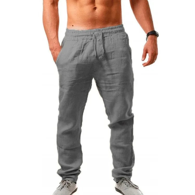 Calça solta masculina de algodão e linho, casual