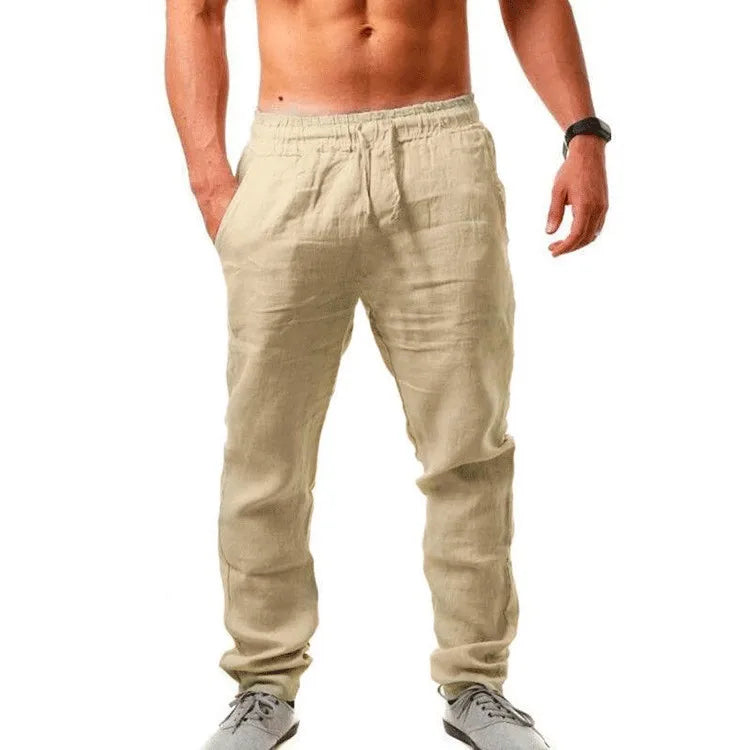 Calça solta masculina de algodão e linho, casual