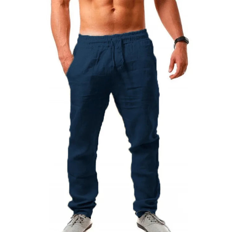Calça solta masculina de algodão e linho, casual