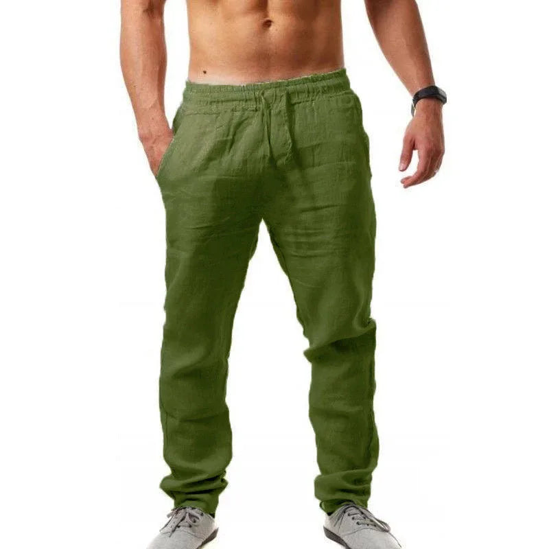 Calça solta masculina de algodão e linho, casual