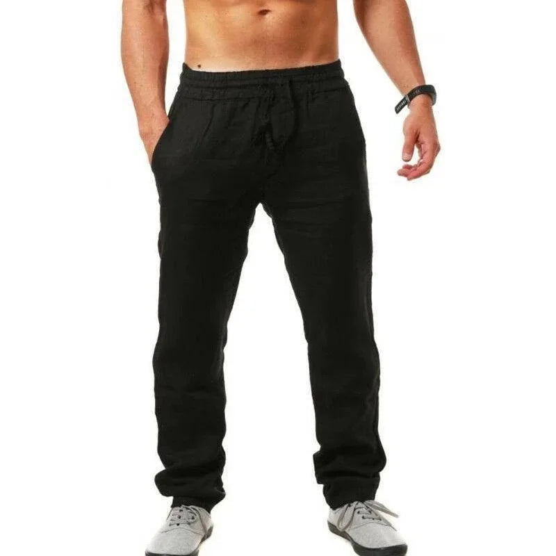 Calça solta masculina de algodão e linho, casual